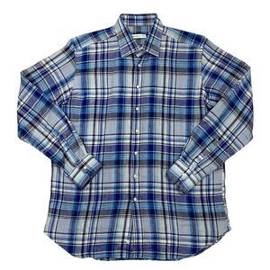 ETRO Button Down Dress Shirt  Vibrant Blue Plaid Check 100% Linen Men’s Size XL